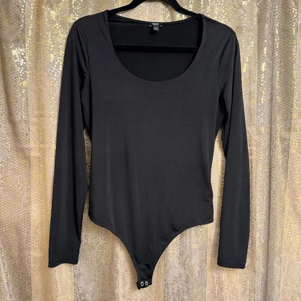 Express Black Nylon Body Contour Scoop Neck Long Sleeve Bodysuit Medium